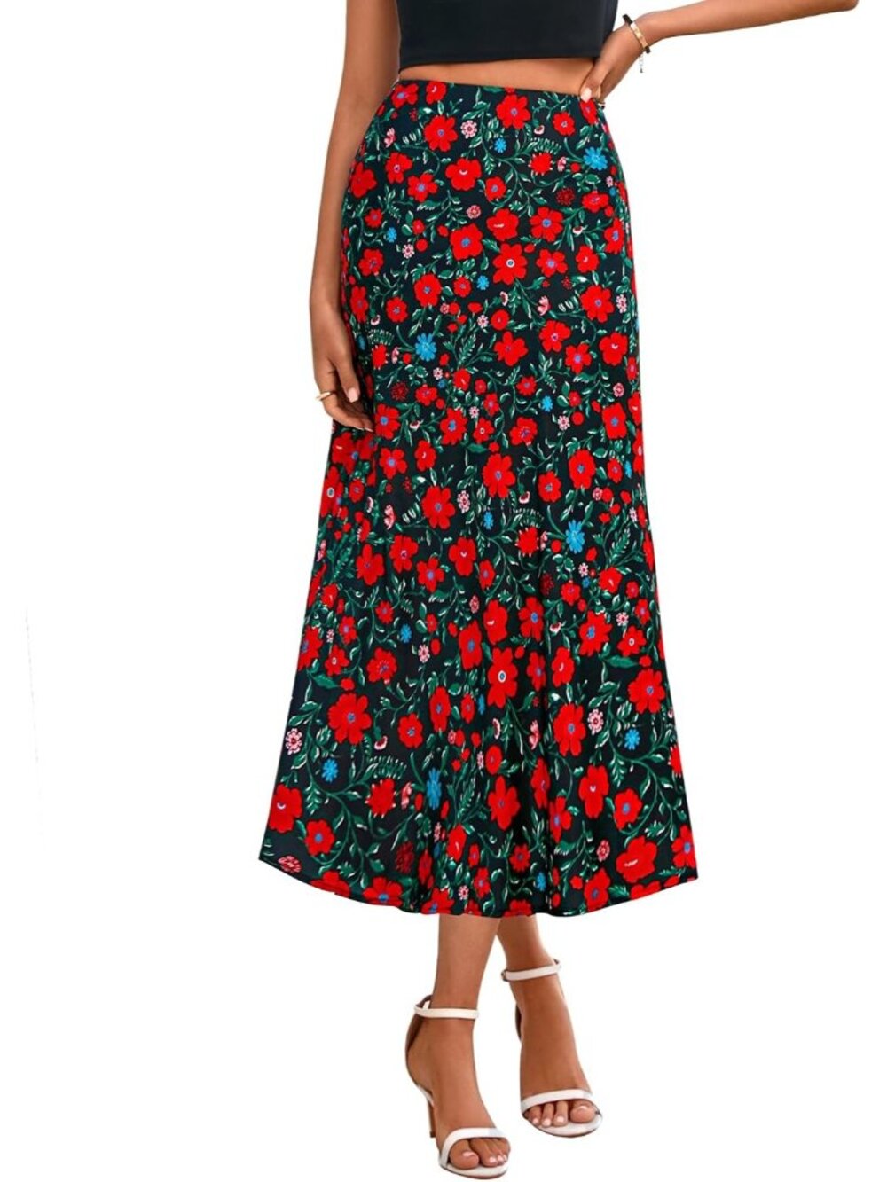 Women Floral Black Red High Waisted A-Line Silky Flowy Bias Cut Satin Midi Skirt - Picture 1 of 6